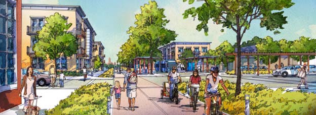 Rendering of the First Avenue trail and dedicated transit lane with stops from the West Broadway Corridor Plan, 2015