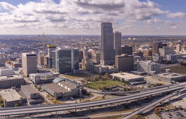 Helicopter-based photo of downtown Omaha November 2024