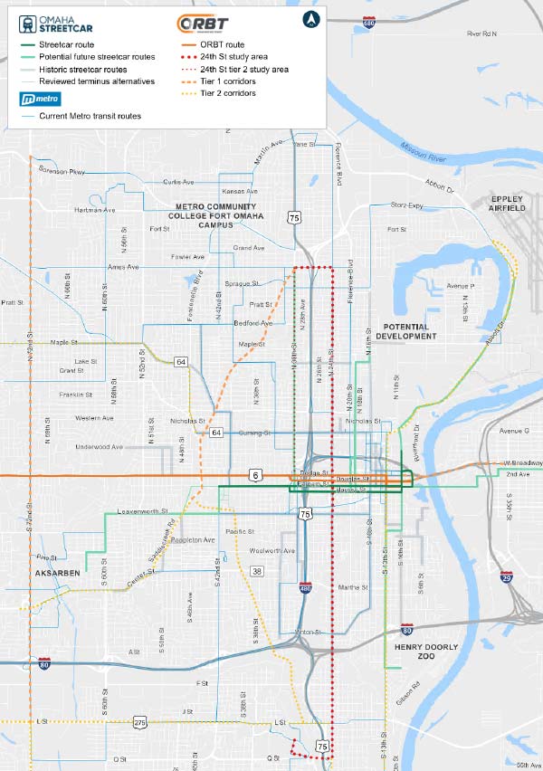 Map of Possible Streetcar Extensions from the 2023 City Council Report