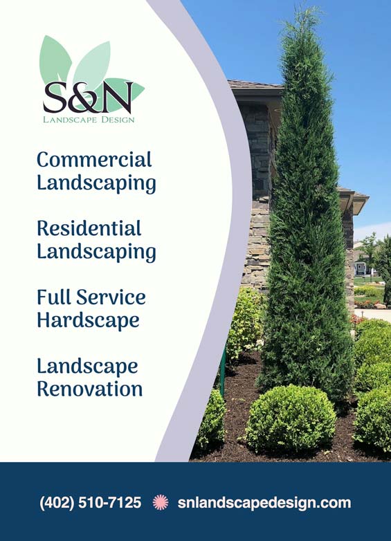 S&N Landscape ad with logo, phone number website and highliting commercial and residential landscaping