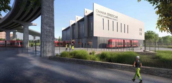 Rendering of the streetcar vehicle maintenance facility to be constructed east of 8th Street just north of Interstate 480
