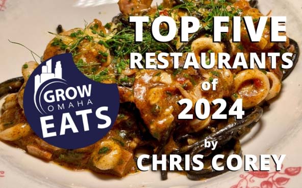 Grow Omaha Eats Top Five restaurants of 2024 featured image, text and Grow Omaha logo over Avoli's squid ink chattara