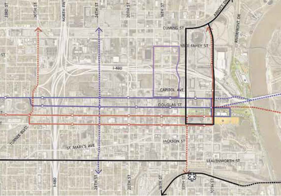 From the Urban Core Strategic Plan Future Transit Section, Page 63 – purple lines are bus routes, red lines are streetcar routes, and black lines are light rail/commuter rail routes
