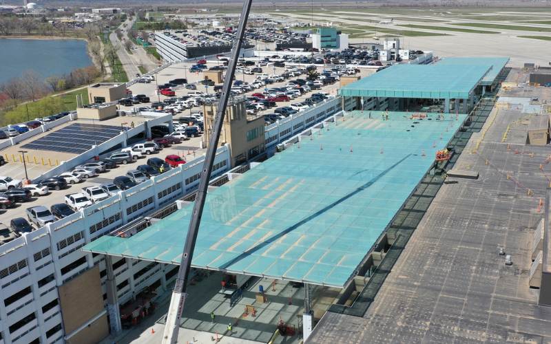 Final Glass Pane Hoisted Over Eppley Terminal Drive